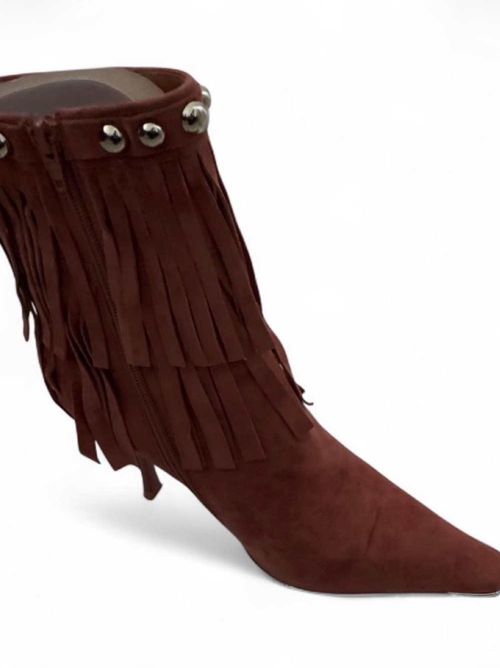 Jeffrey Campbell Brown Suede Fringe Studded Pointed Ankle Boot